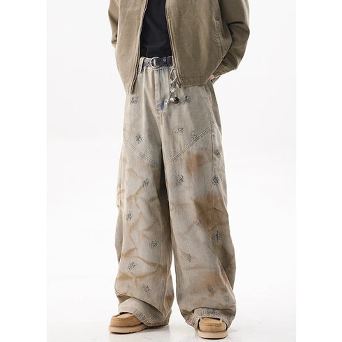 Summer Yellow Mud Graffiti Jeans Men's Y2K Vintage High Waisted Streetwear